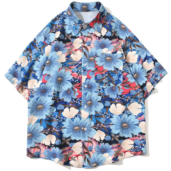 "Blue Garden" Graphic Unisex Men Women Streetwear Button Shirt