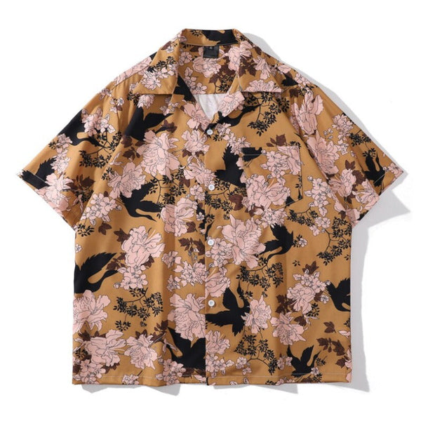"Floral Printed" Unisex Men Women Streetwear Collar Shirt